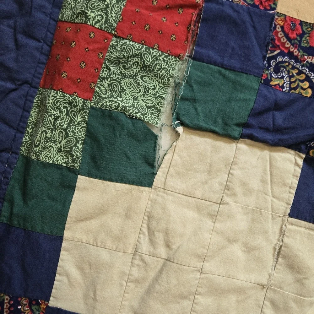 Vintage Quilt -Red Blue Double Irish Chain Pattern - Full/Queen Size 94×80